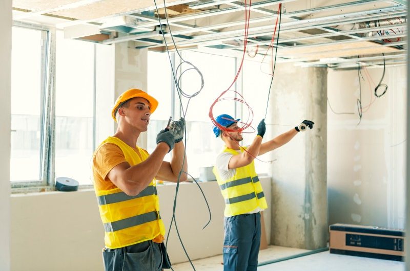 Side view at two construction crew workers separated by wall while renovating house, copy space. portrait of young people electrician connecting cables in wires cabinet while renovating house, copy space